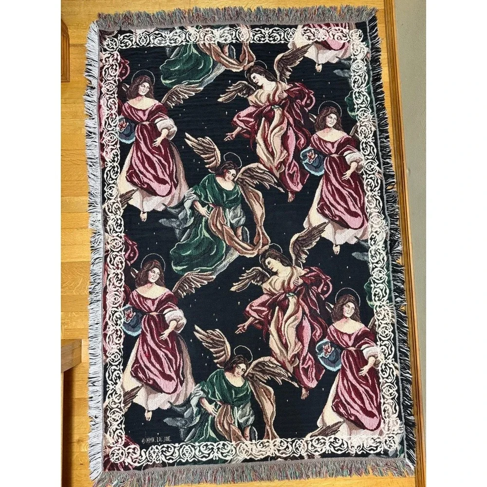 Goodwin Weavers Woven Cotton Angel Tapestry Throw Blanket Black 66x43 Celestial